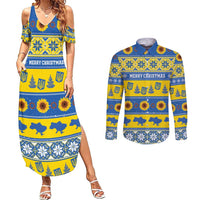 Personalised Ukraine Christmas Couples Matching Summer Maxi Dress and Long Sleeve Button Shirt Tryzub With Map Folk Pattern - Wonder Print Shop