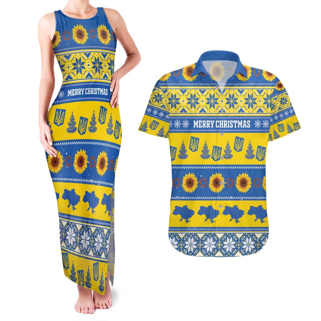 Personalised Ukraine Christmas Couples Matching Tank Maxi Dress and Hawaiian Shirt Tryzub With Map Folk Pattern - Wonder Print Shop
