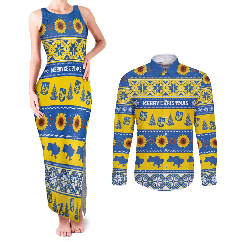 Personalised Ukraine Christmas Couples Matching Tank Maxi Dress and Long Sleeve Button Shirt Tryzub With Map Folk Pattern - Wonder Print Shop