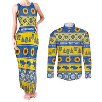 Personalised Ukraine Christmas Couples Matching Tank Maxi Dress and Long Sleeve Button Shirt Tryzub With Map Folk Pattern - Wonder Print Shop