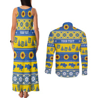 Personalised Ukraine Christmas Couples Matching Tank Maxi Dress and Long Sleeve Button Shirt Tryzub With Map Folk Pattern - Wonder Print Shop