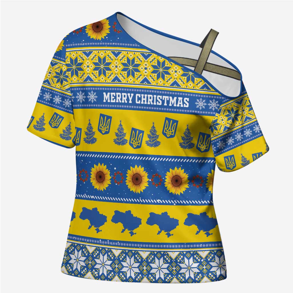 Personalised Ukraine Christmas Cross Shoulder Shirt Tryzub With Map Folk Pattern - Wonder Print Shop
