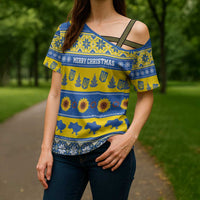 Personalised Ukraine Christmas Cross Shoulder Shirt Tryzub With Map Folk Pattern - Wonder Print Shop