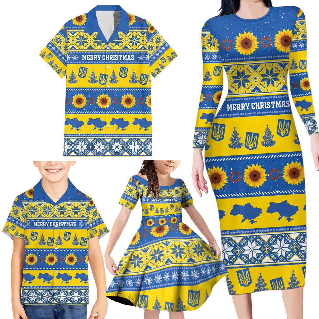 Personalised Ukraine Christmas Family Matching Long Sleeve Bodycon Dress and Hawaiian Shirt Tryzub With Map Folk Pattern - Wonder Print Shop