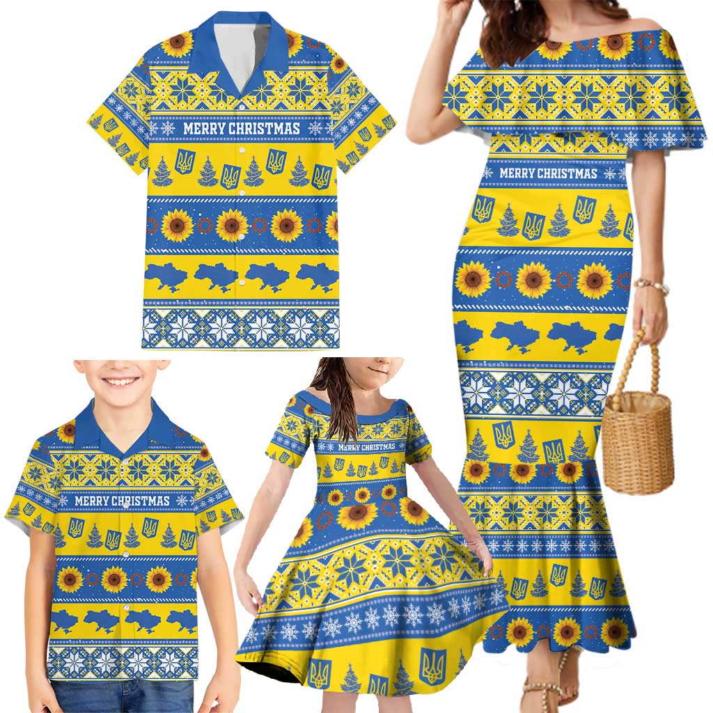 Personalised Ukraine Christmas Family Matching Mermaid Dress and Hawaiian Shirt Tryzub With Map Folk Pattern - Wonder Print Shop
