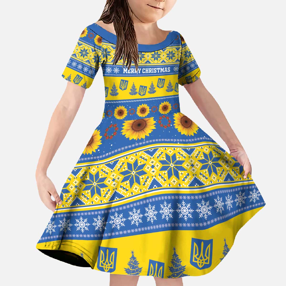 Personalised Ukraine Christmas Family Matching Off The Shoulder Long Sleeve Dress and Hawaiian Shirt Tryzub With Map Folk Pattern - Wonder Print Shop