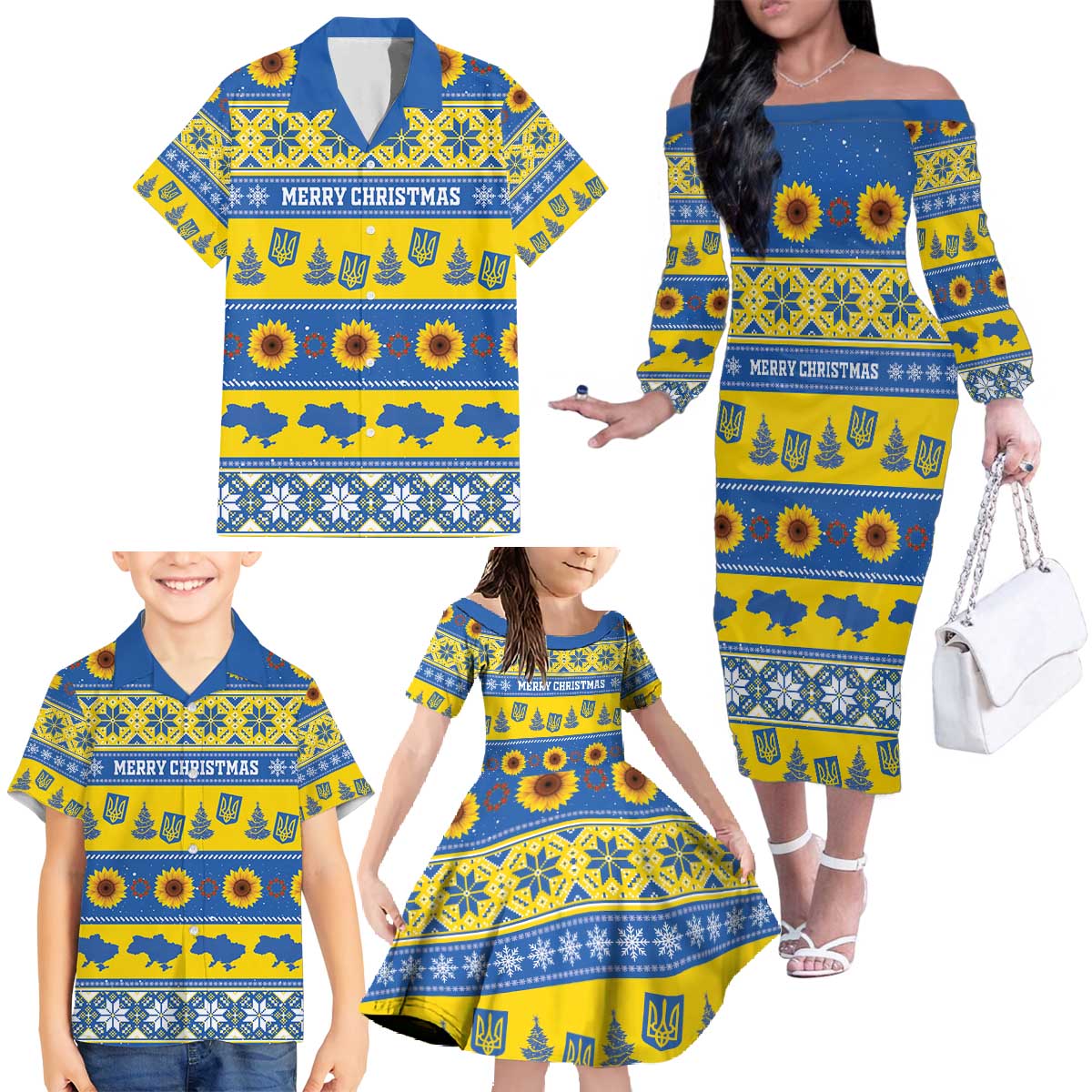 Personalised Ukraine Christmas Family Matching Off The Shoulder Long Sleeve Dress and Hawaiian Shirt Tryzub With Map Folk Pattern - Wonder Print Shop