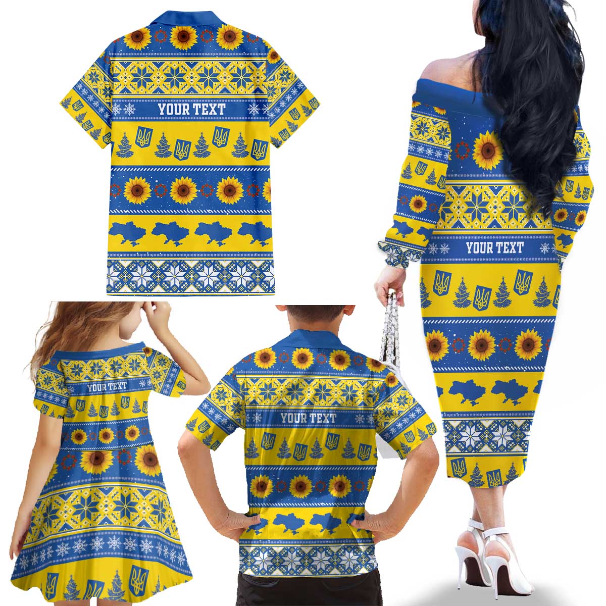 Personalised Ukraine Christmas Family Matching Off The Shoulder Long Sleeve Dress and Hawaiian Shirt Tryzub With Map Folk Pattern - Wonder Print Shop