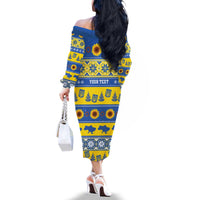 Personalised Ukraine Christmas Family Matching Off The Shoulder Long Sleeve Dress and Hawaiian Shirt Tryzub With Map Folk Pattern - Wonder Print Shop