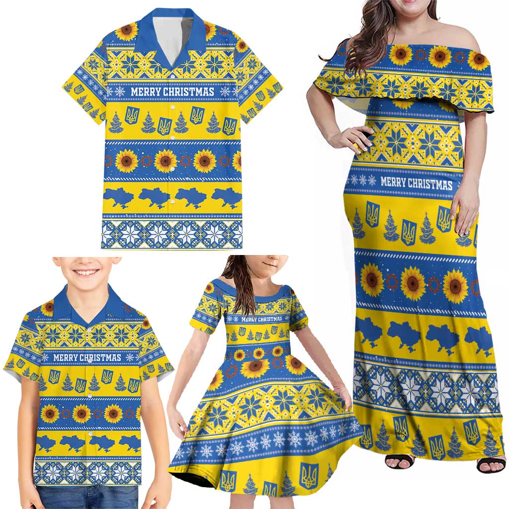 Personalised Ukraine Christmas Family Matching Off Shoulder Maxi Dress and Hawaiian Shirt Tryzub With Map Folk Pattern - Wonder Print Shop