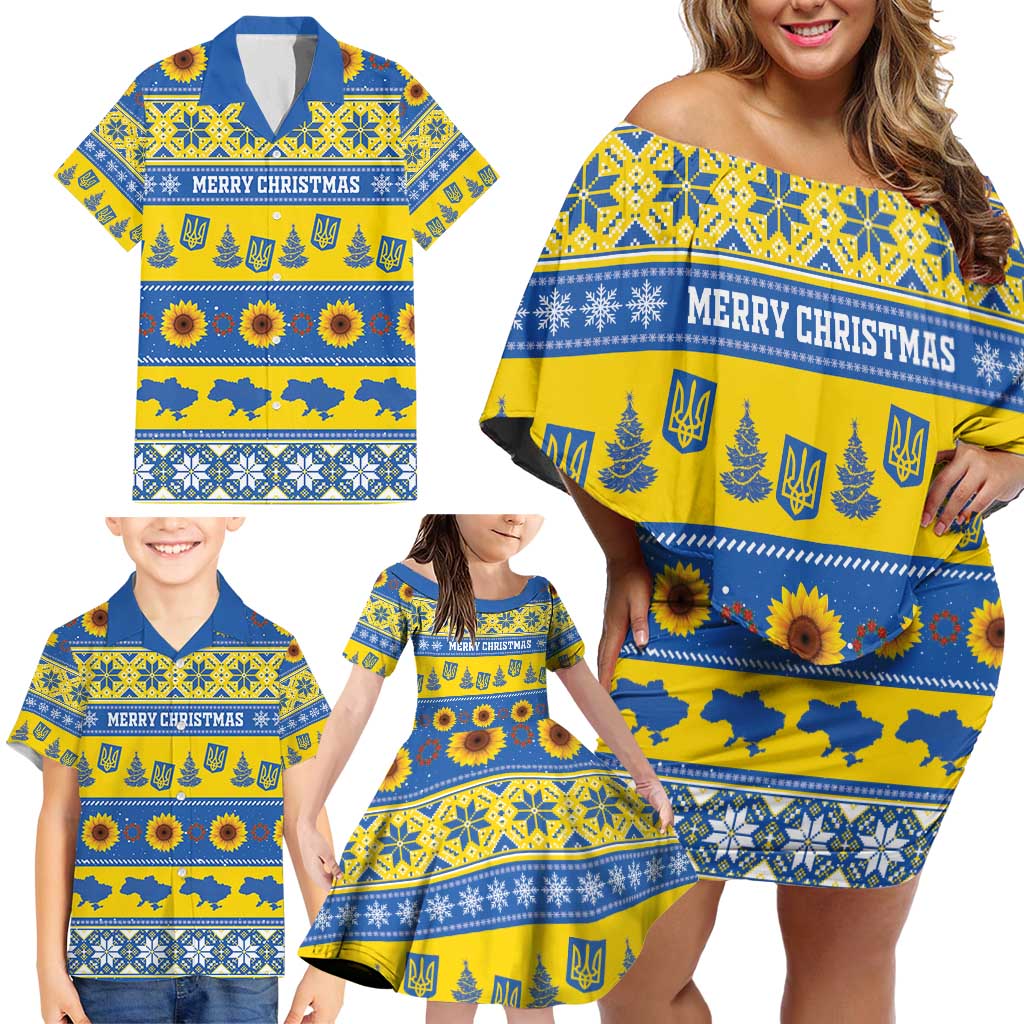 Personalised Ukraine Christmas Family Matching Off Shoulder Short Dress and Hawaiian Shirt Tryzub With Map Folk Pattern - Wonder Print Shop