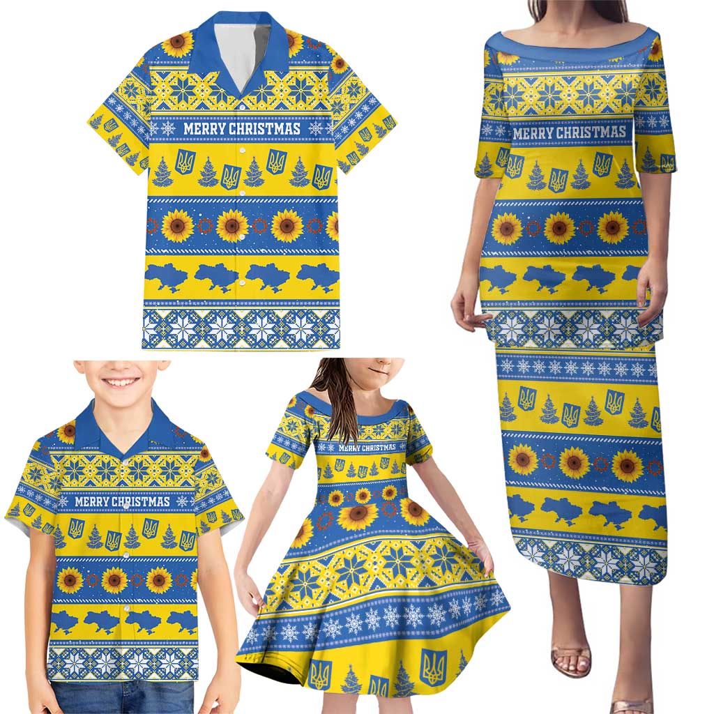 Personalised Ukraine Christmas Family Matching Puletasi and Hawaiian Shirt Tryzub With Map Folk Pattern - Wonder Print Shop