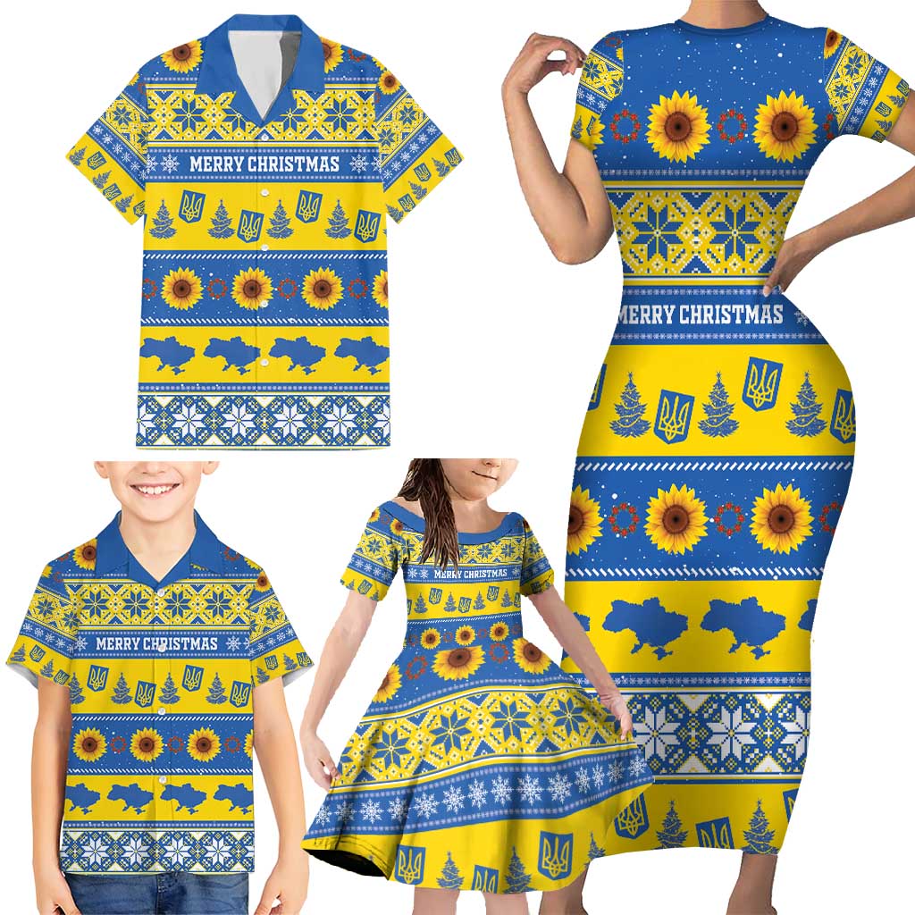 Personalised Ukraine Christmas Family Matching Short Sleeve Bodycon Dress and Hawaiian Shirt Tryzub With Map Folk Pattern - Wonder Print Shop