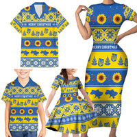 Personalised Ukraine Christmas Family Matching Short Sleeve Bodycon Dress and Hawaiian Shirt Tryzub With Map Folk Pattern - Wonder Print Shop