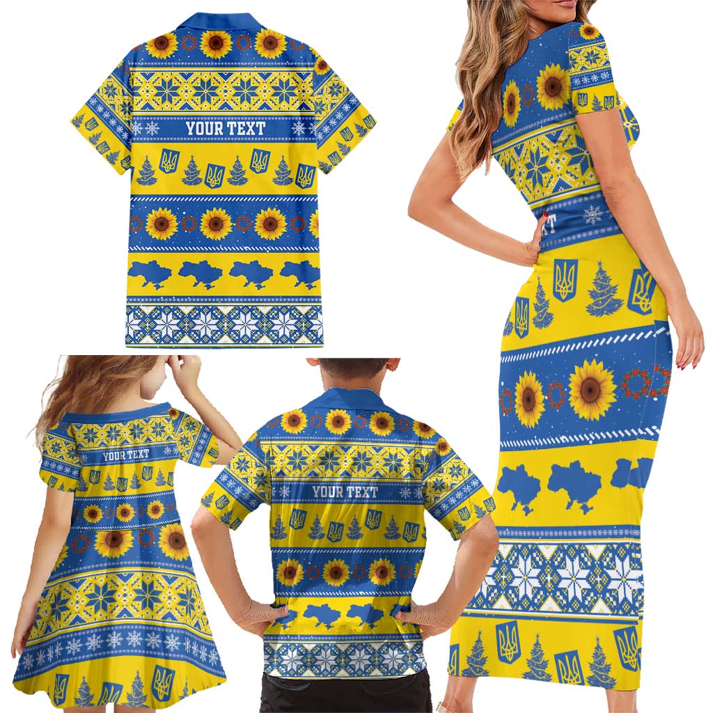 Personalised Ukraine Christmas Family Matching Short Sleeve Bodycon Dress and Hawaiian Shirt Tryzub With Map Folk Pattern - Wonder Print Shop