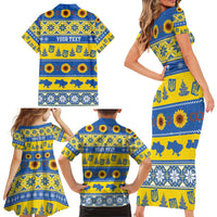 Personalised Ukraine Christmas Family Matching Short Sleeve Bodycon Dress and Hawaiian Shirt Tryzub With Map Folk Pattern - Wonder Print Shop