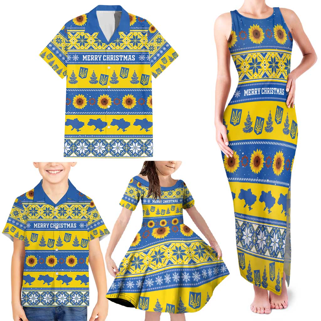 Personalised Ukraine Christmas Family Matching Tank Maxi Dress and Hawaiian Shirt Tryzub With Map Folk Pattern - Wonder Print Shop