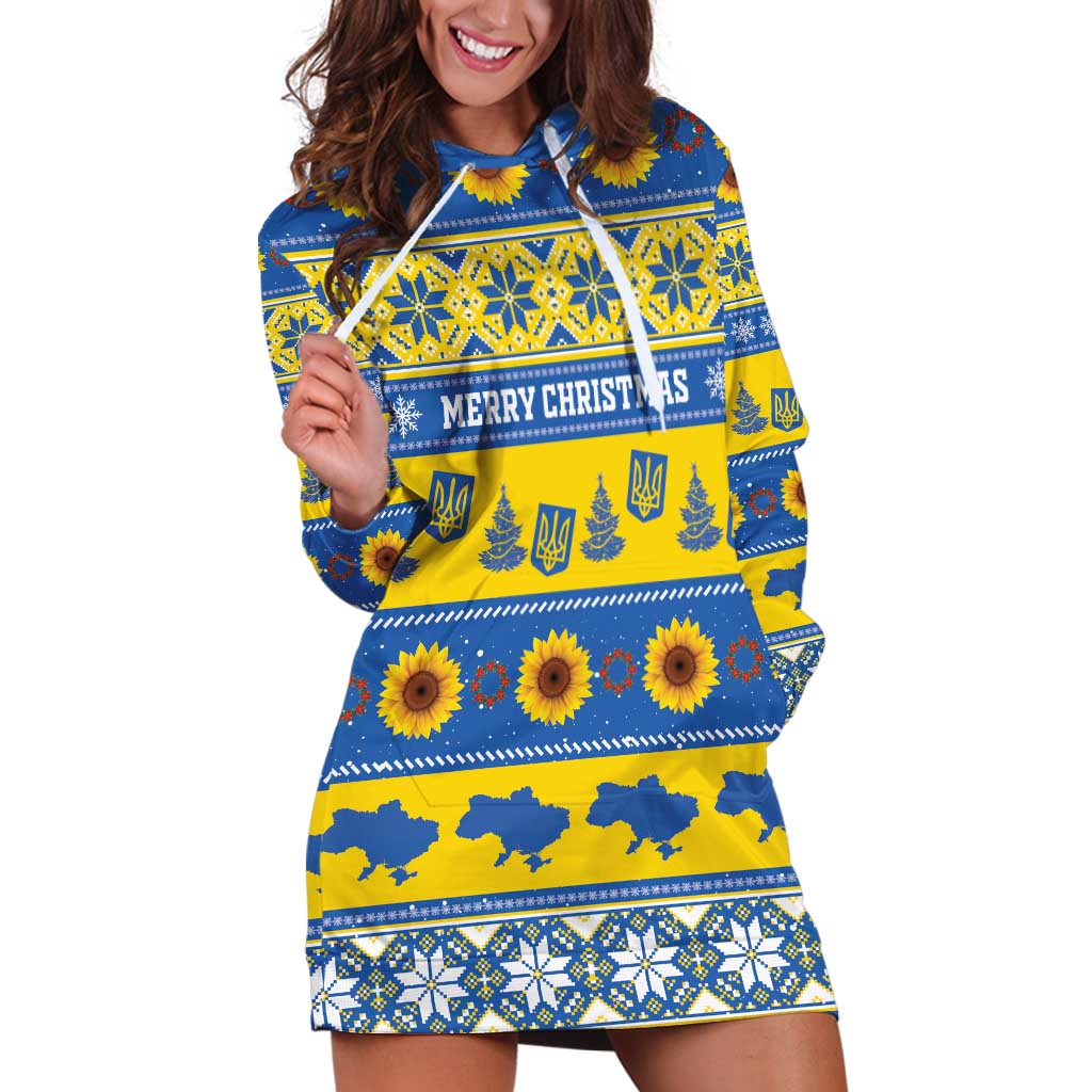 Personalised Ukraine Christmas Hoodie Dress Tryzub With Map Folk Pattern - Wonder Print Shop