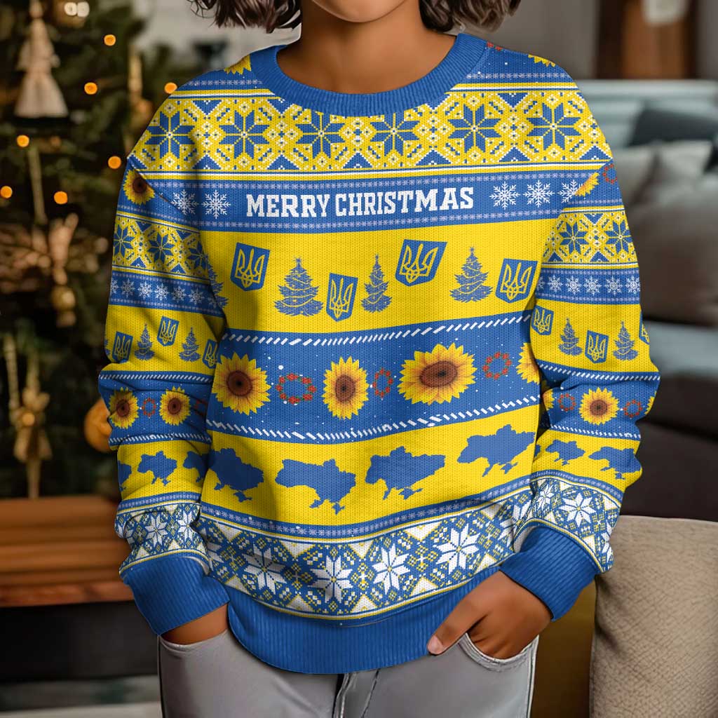 Personalised Ukraine Christmas Kid Ugly Christmas Sweater Tryzub With Map Folk Pattern - Wonder Print Shop