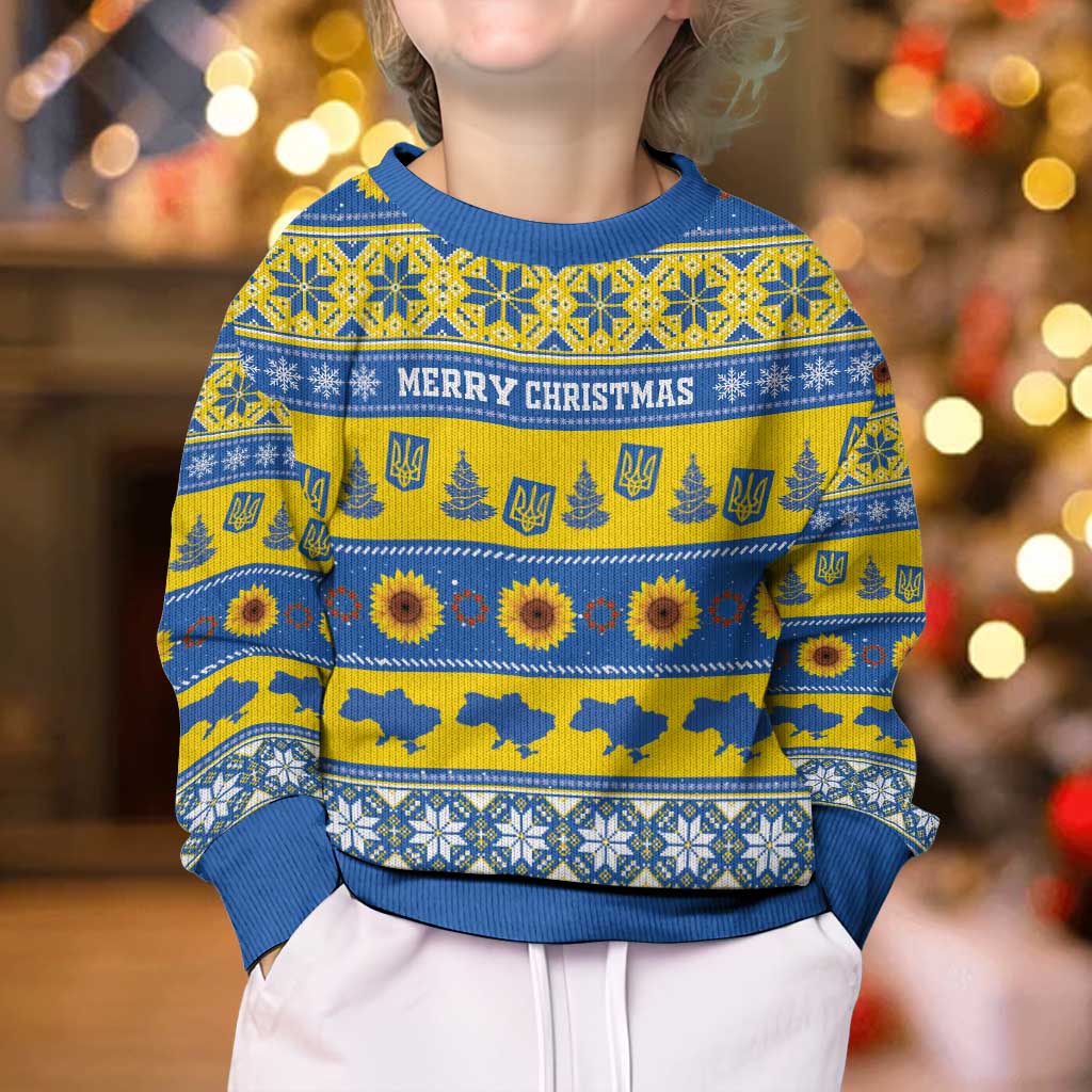Personalised Ukraine Christmas Kid Ugly Christmas Sweater Tryzub With Map Folk Pattern - Wonder Print Shop