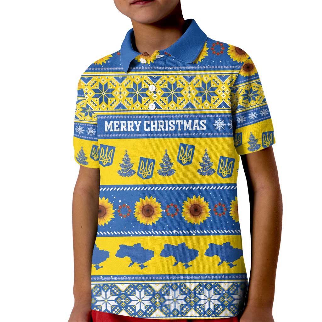Personalised Ukraine Christmas Kid Polo Shirt Tryzub With Map Folk Pattern - Wonder Print Shop