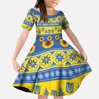 Personalised Ukraine Christmas Kid Short Sleeve Dress Tryzub With Map Folk Pattern - Wonder Print Shop
