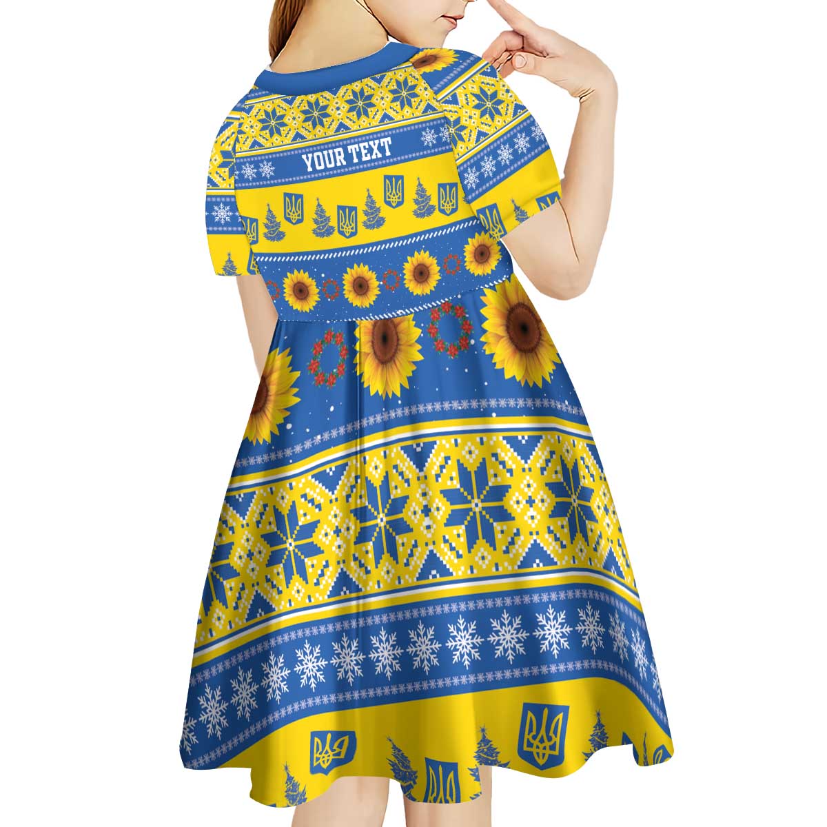 Personalised Ukraine Christmas Kid Short Sleeve Dress Tryzub With Map Folk Pattern - Wonder Print Shop