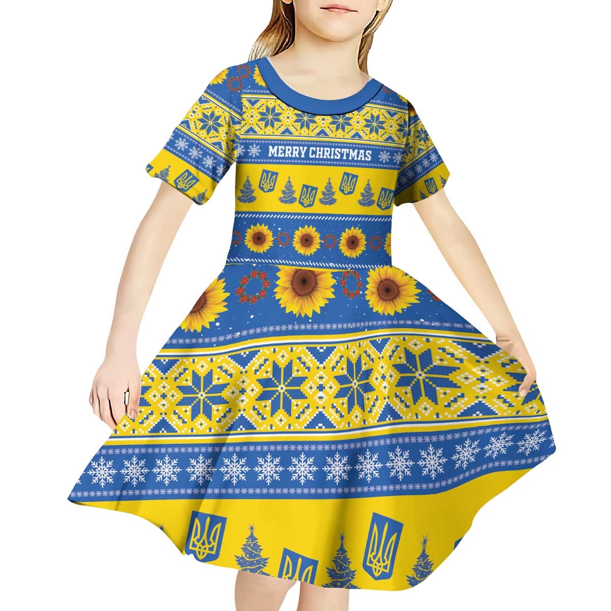 Personalised Ukraine Christmas Kid Short Sleeve Dress Tryzub With Map Folk Pattern - Wonder Print Shop