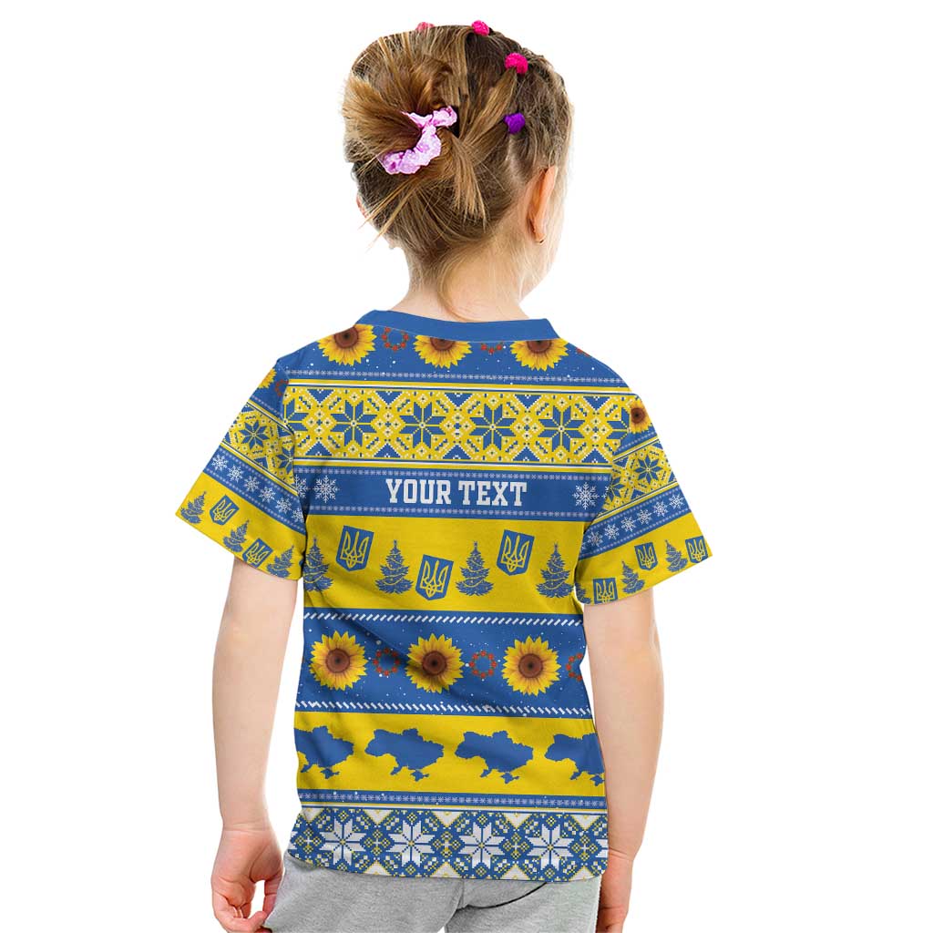 Personalised Ukraine Christmas Kid T Shirt Tryzub With Map Folk Pattern - Wonder Print Shop