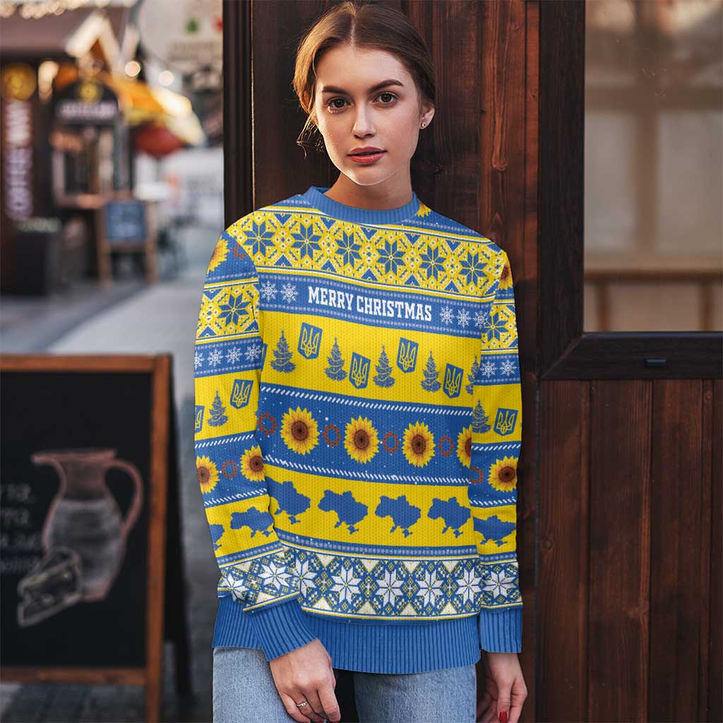 Personalised Ukraine Christmas Ugly Christmas Sweater Tryzub With Map Folk Pattern - Wonder Print Shop