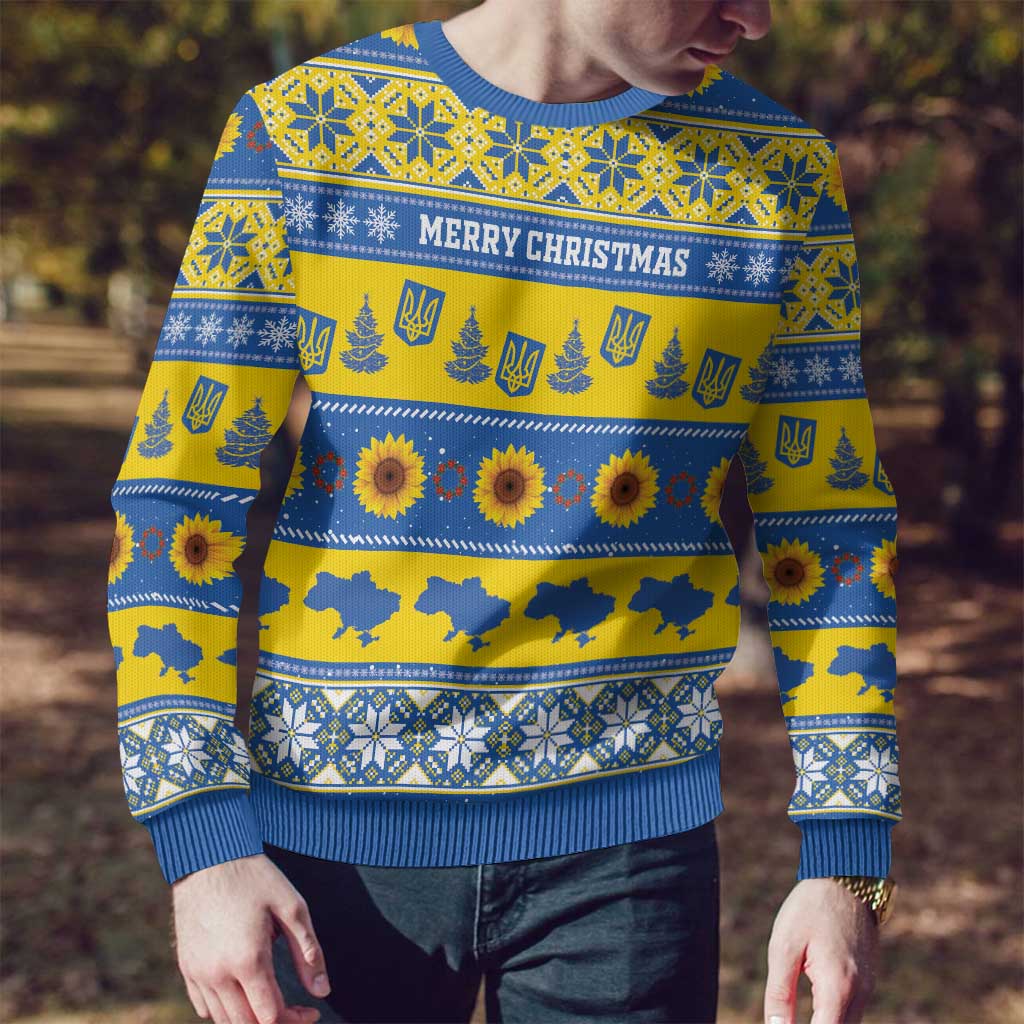 Personalised Ukraine Christmas Ugly Christmas Sweater Tryzub With Map Folk Pattern - Wonder Print Shop