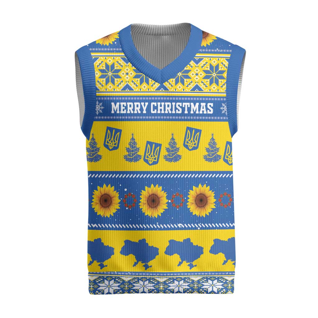 Personalised Ukraine Christmas Knitted V-Neck Vest Tryzub With Map Folk Pattern - Wonder Print Shop