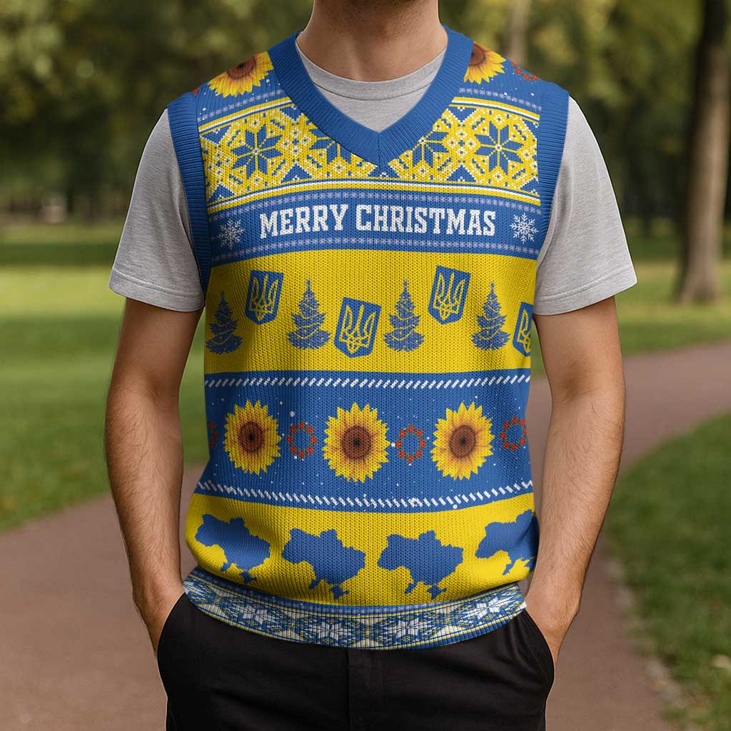 Personalised Ukraine Christmas Knitted V-Neck Vest Tryzub With Map Folk Pattern - Wonder Print Shop
