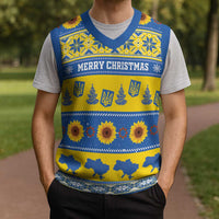 Personalised Ukraine Christmas Knitted V-Neck Vest Tryzub With Map Folk Pattern - Wonder Print Shop