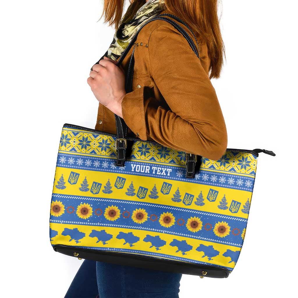 Ukraine Christmas Leather Tote Bag Tryzub With Map Folk Pattern - Wonder Print Shop