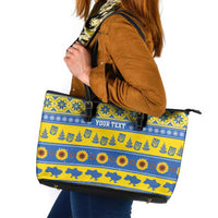 Ukraine Christmas Leather Tote Bag Tryzub With Map Folk Pattern - Wonder Print Shop
