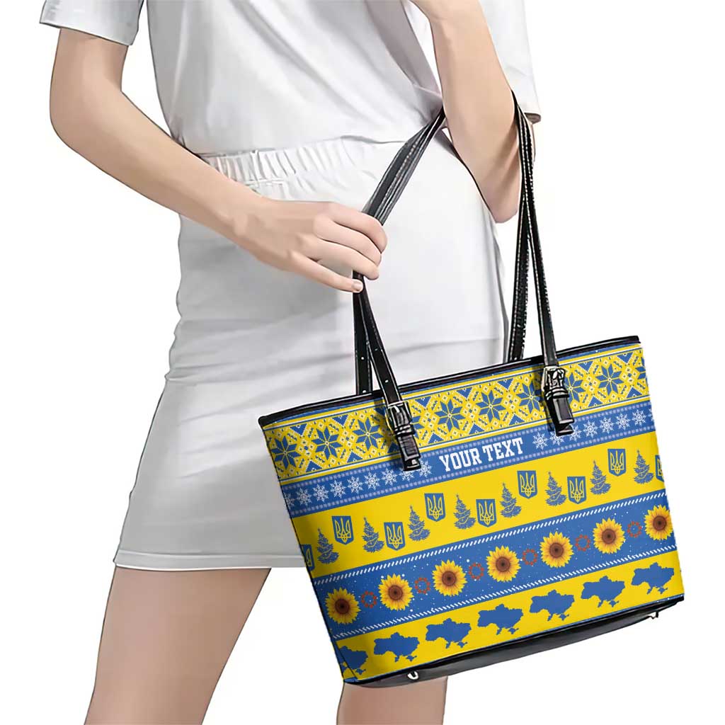 Ukraine Christmas Leather Tote Bag Tryzub With Map Folk Pattern - Wonder Print Shop