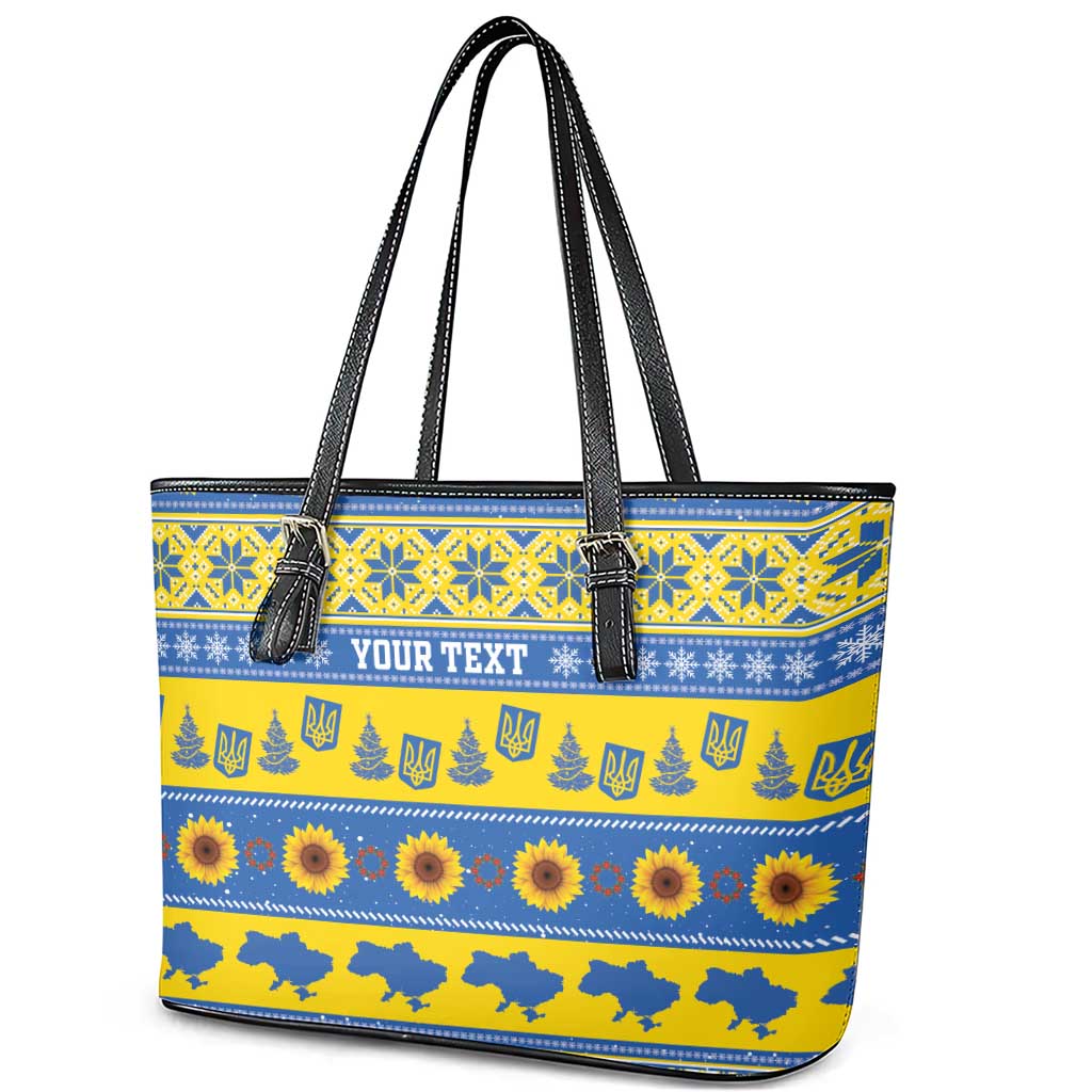 Ukraine Christmas Leather Tote Bag Tryzub With Map Folk Pattern - Wonder Print Shop