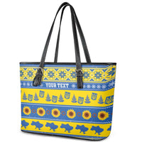 Ukraine Christmas Leather Tote Bag Tryzub With Map Folk Pattern - Wonder Print Shop