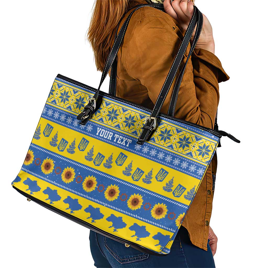 Ukraine Christmas Leather Tote Bag Tryzub With Map Folk Pattern - Wonder Print Shop