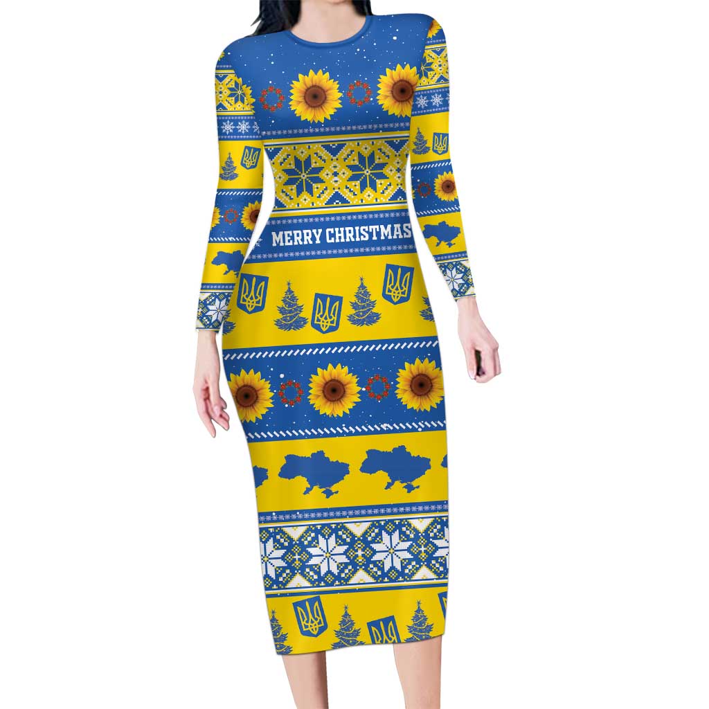 Personalised Ukraine Christmas Long Sleeve Bodycon Dress Tryzub With Map Folk Pattern - Wonder Print Shop
