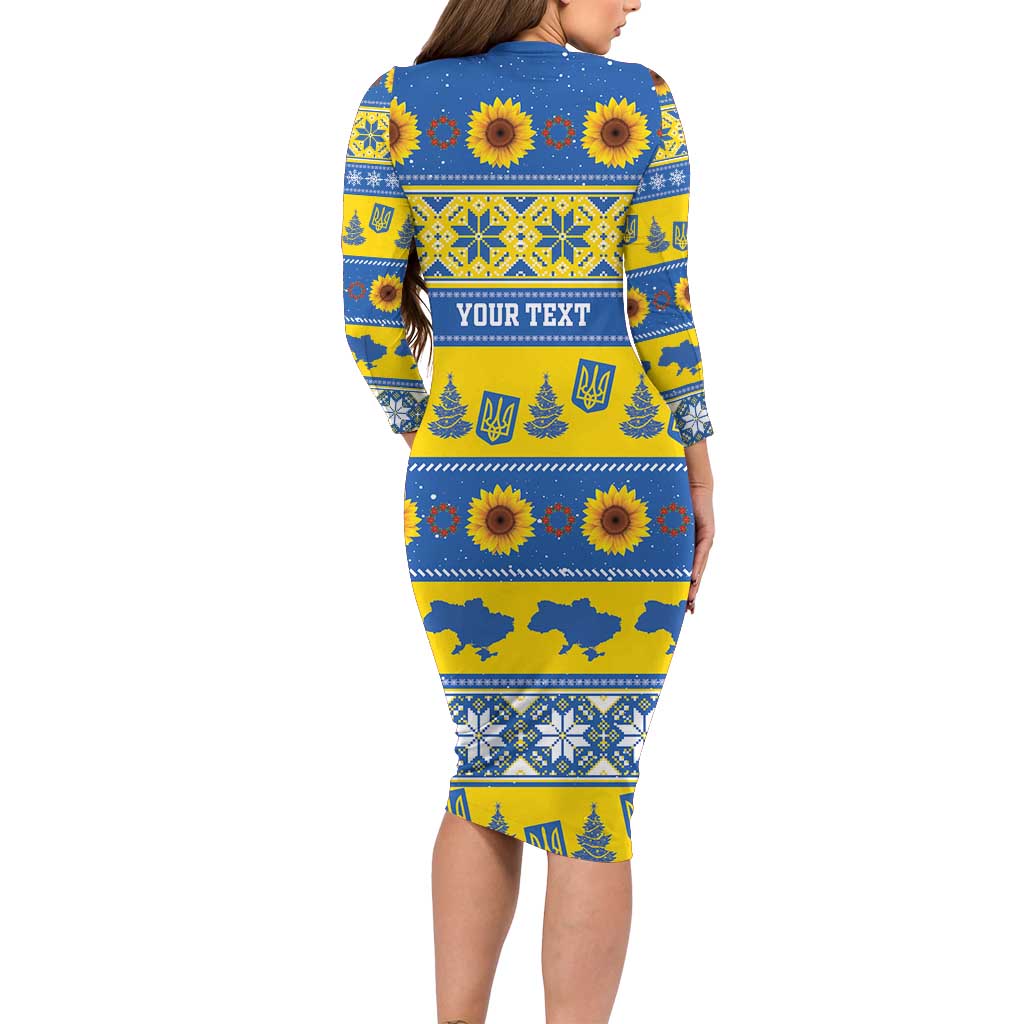 Personalised Ukraine Christmas Long Sleeve Bodycon Dress Tryzub With Map Folk Pattern - Wonder Print Shop