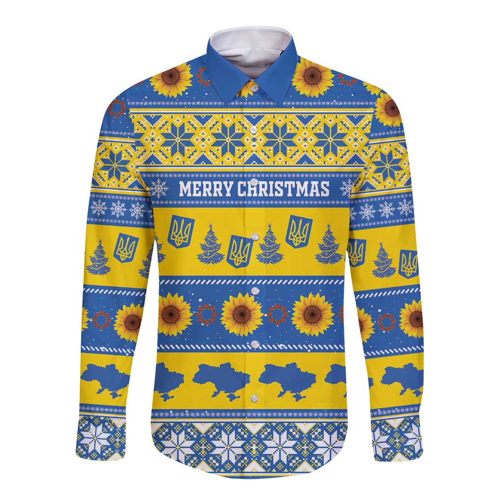 Personalised Ukraine Christmas Long Sleeve Button Shirt Tryzub With Map Folk Pattern - Wonder Print Shop
