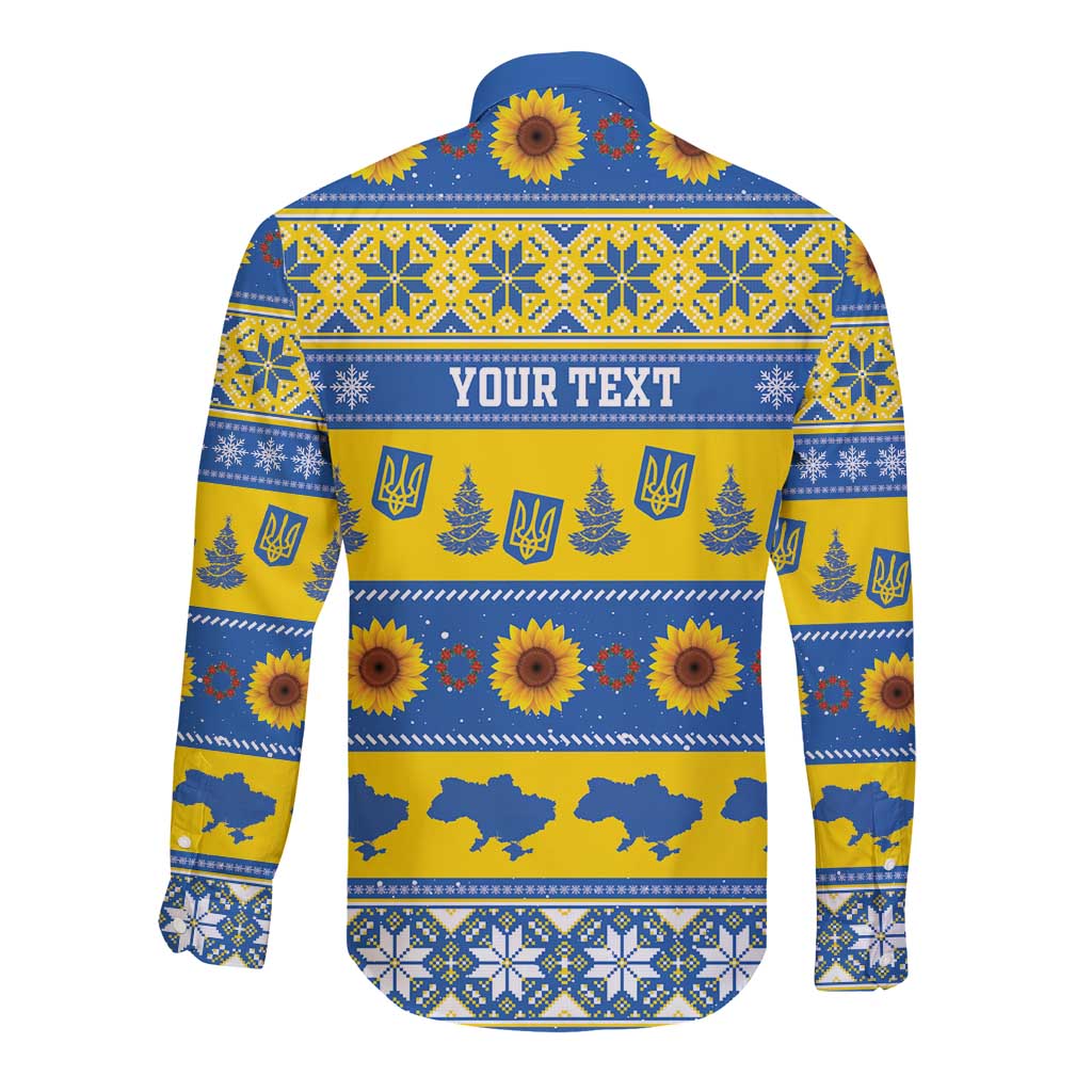 Personalised Ukraine Christmas Long Sleeve Button Shirt Tryzub With Map Folk Pattern - Wonder Print Shop