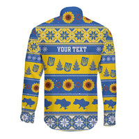 Personalised Ukraine Christmas Long Sleeve Button Shirt Tryzub With Map Folk Pattern - Wonder Print Shop