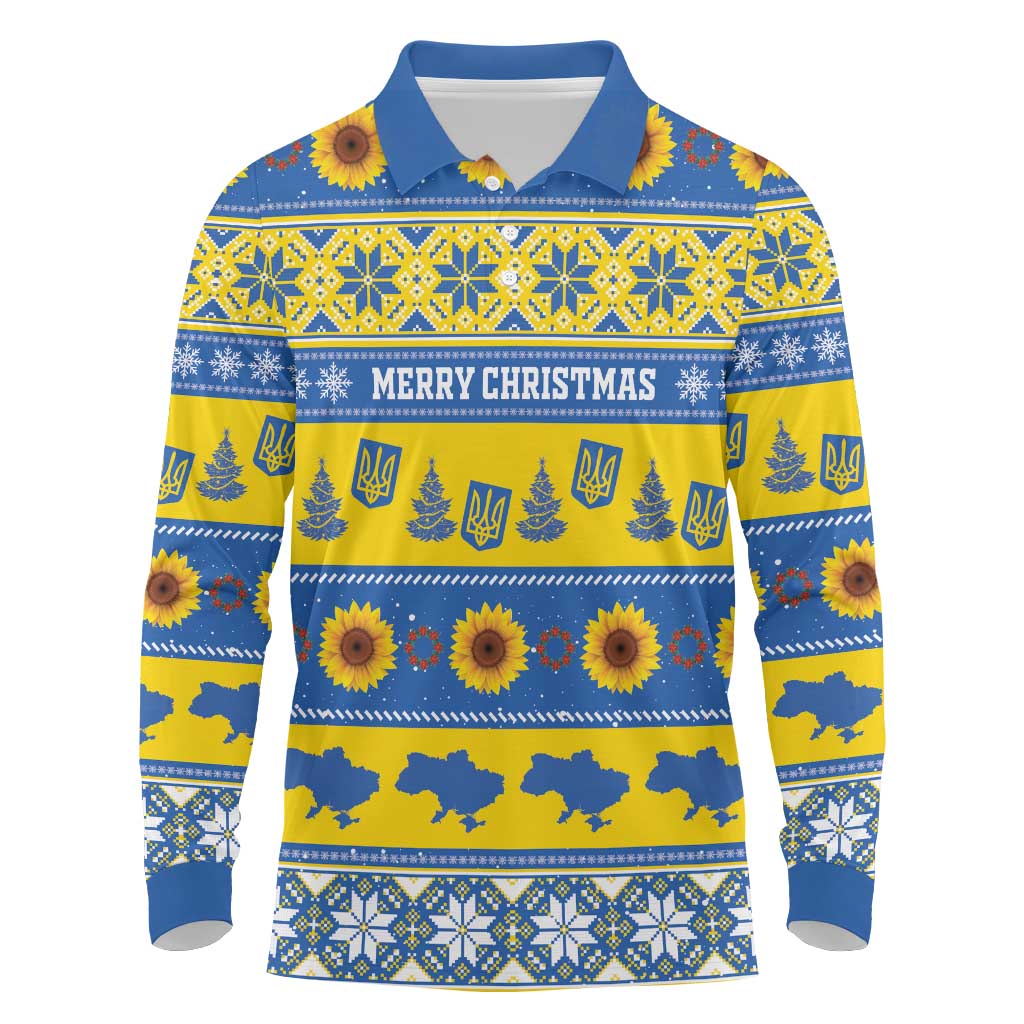 Personalised Ukraine Christmas Long Sleeve Polo Shirt Tryzub With Map Folk Pattern - Wonder Print Shop