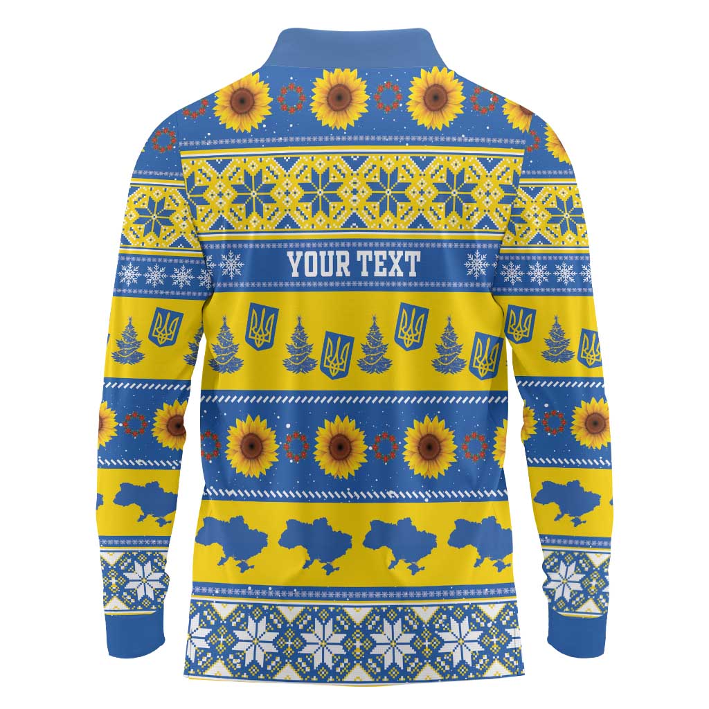 Personalised Ukraine Christmas Long Sleeve Polo Shirt Tryzub With Map Folk Pattern - Wonder Print Shop