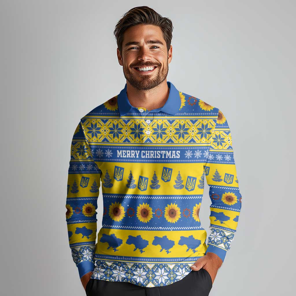 Personalised Ukraine Christmas Long Sleeve Polo Shirt Tryzub With Map Folk Pattern - Wonder Print Shop