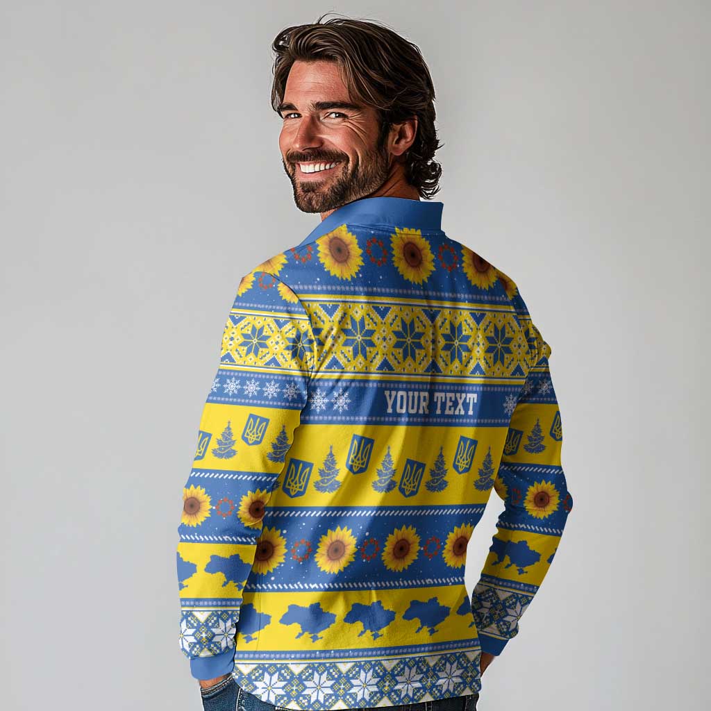 Personalised Ukraine Christmas Long Sleeve Polo Shirt Tryzub With Map Folk Pattern - Wonder Print Shop