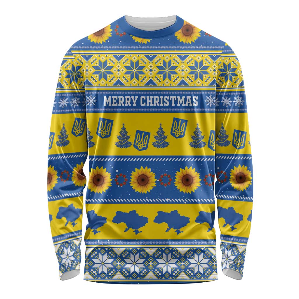 Personalised Ukraine Christmas Long Sleeve Shirt Tryzub With Map Folk Pattern - Wonder Print Shop